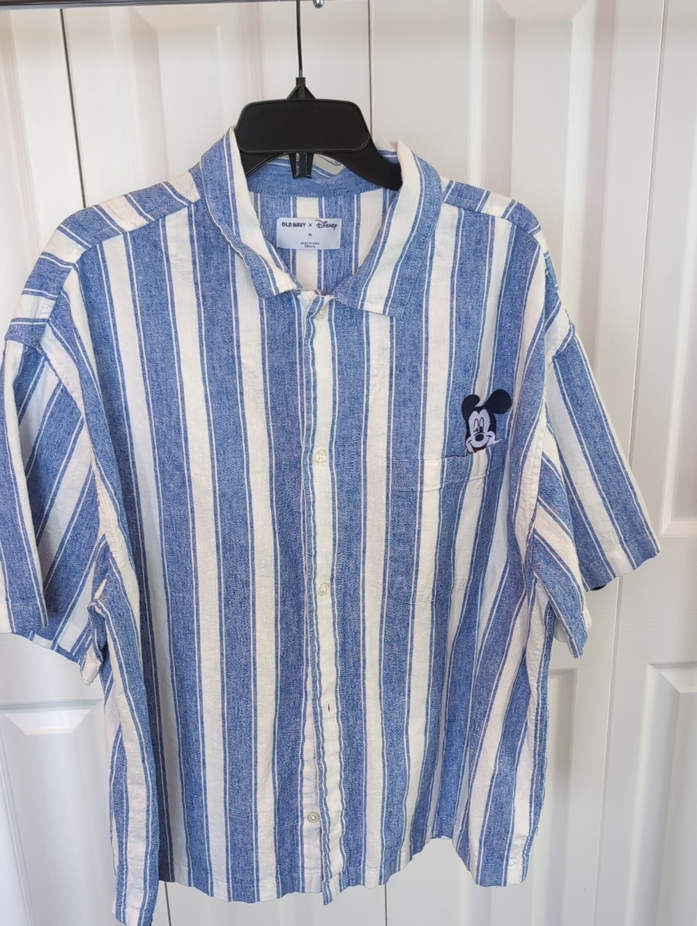 Old Navy Blue & White Striped Short-Sleeve Button-Down with Mickey Patch